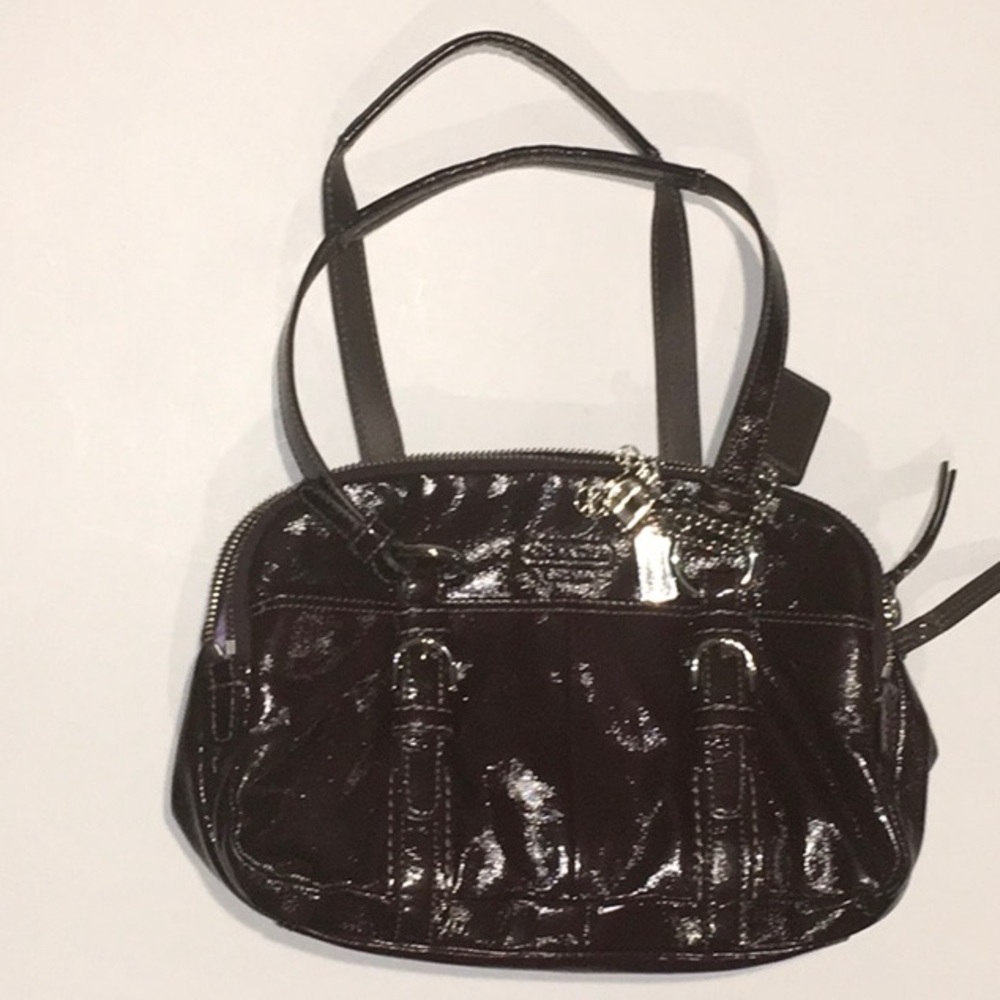 Coach Soho Brown Patent Leather Bag with purple lining, complete with bag charms